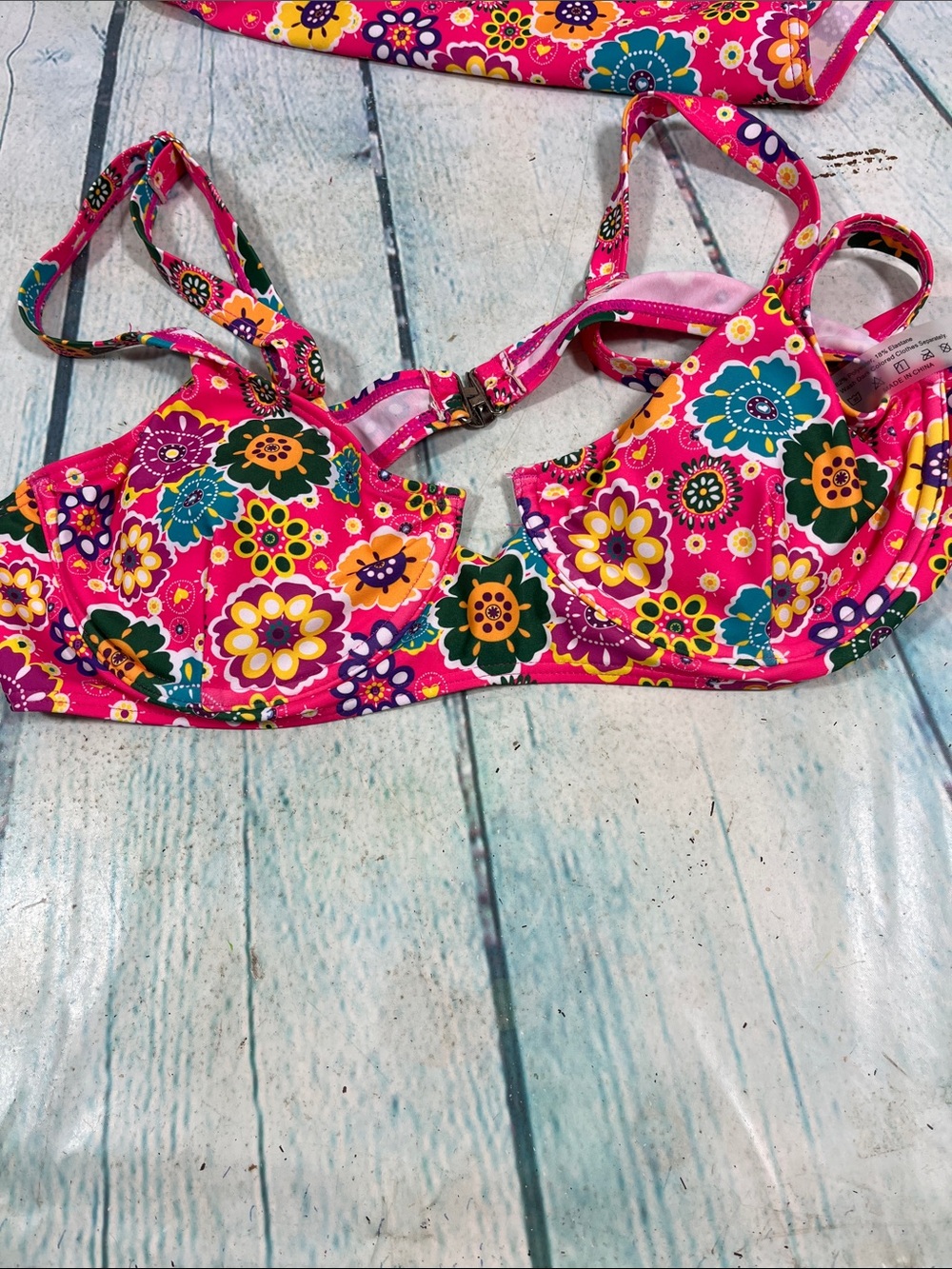 Pink Floral Bikini Set - Bright Multicolor Flower Print Size Large - Picture 3 of 5